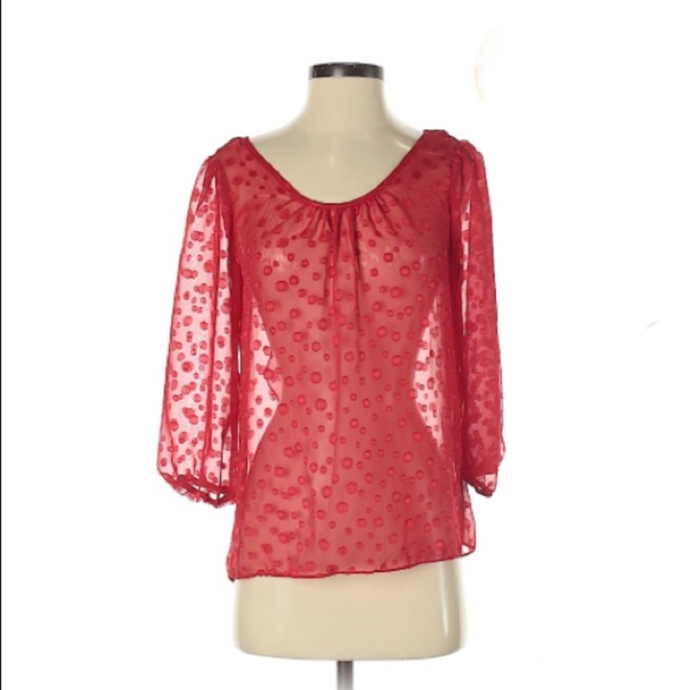BCX 3/4 sleeve sheer pokadot red bow ruffle detail